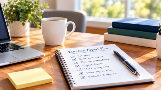 Year-end appeal planning checklist with fundraising goals, donor outreach, and giving strategies on a desk.